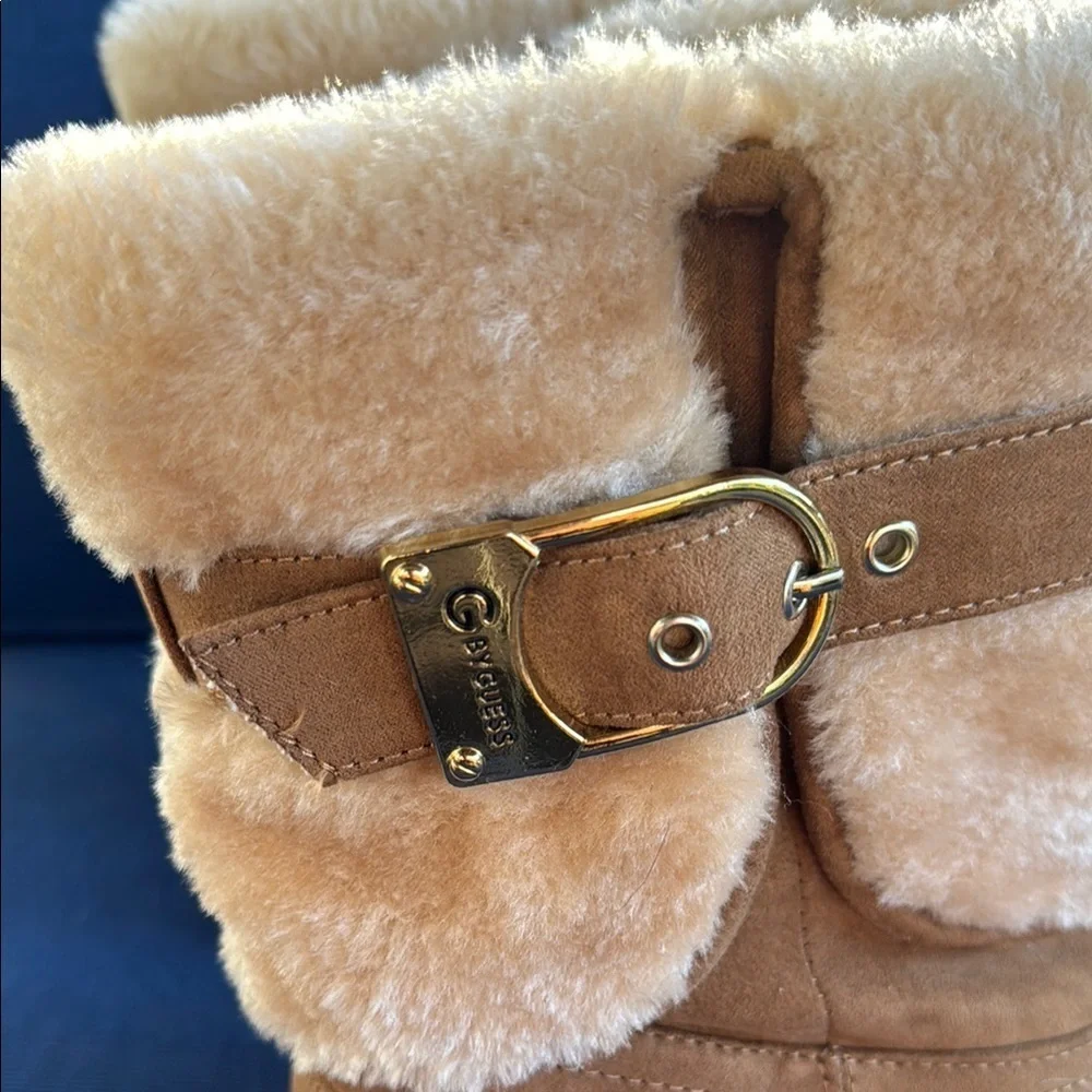 G by Guess Tan Over the Knee Boots with Cream Lining and Buckle Detail